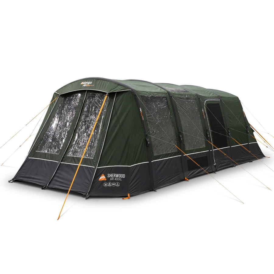 Angled front view of the Vango Sherwood Air 400XL, a 4-man family tent featuring AirBeam technology and large clear windows for natural light.