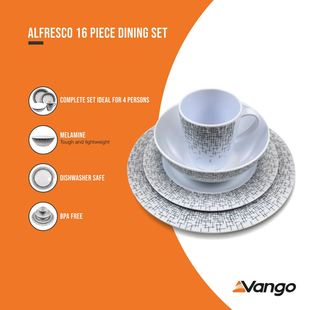 Infographic showcasing the Vango Alfresco 16 Piece Dining Set features, including its durability, melamine material, BPA-free quality, and suitability for camping.