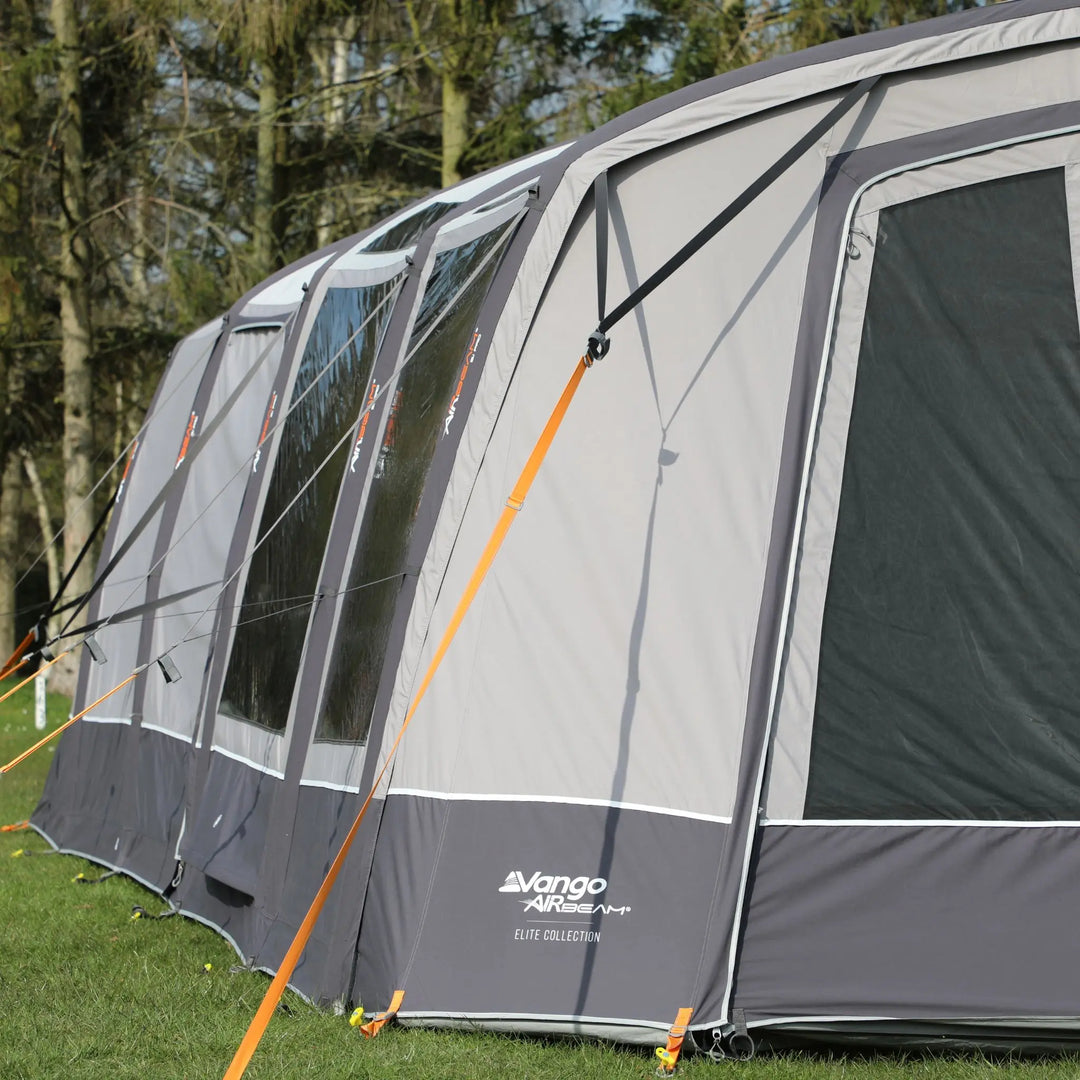 Close-up of the Vango AirBeam Anantara IV Air 650XL premium tent, highlighting its durable fabric, tension straps, and large clear windows.