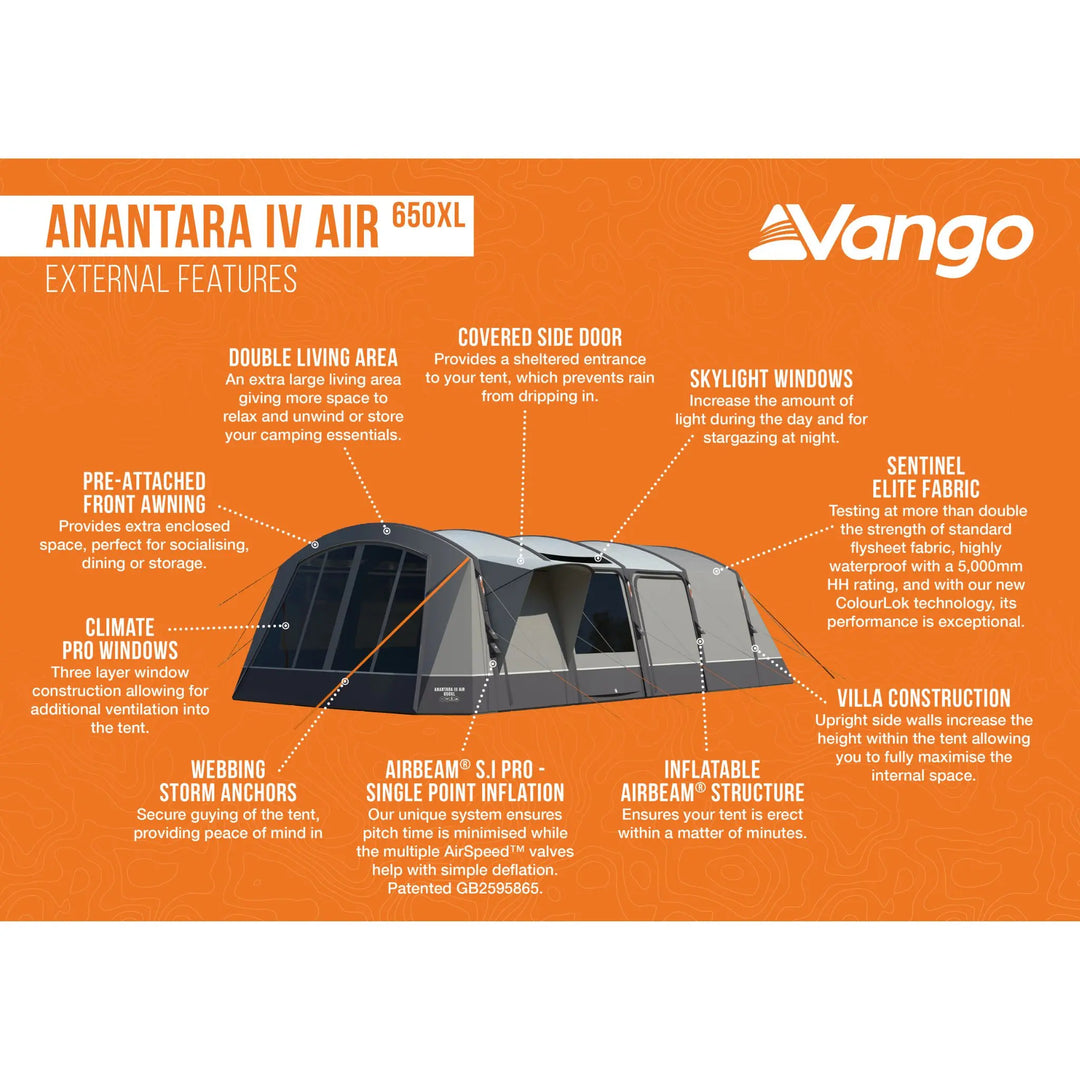 External features of the Vango AirBeam Anantara IV Air 650XL, including a double living area, pre-attached awning, and skylight windows for enhanced camping comfort.