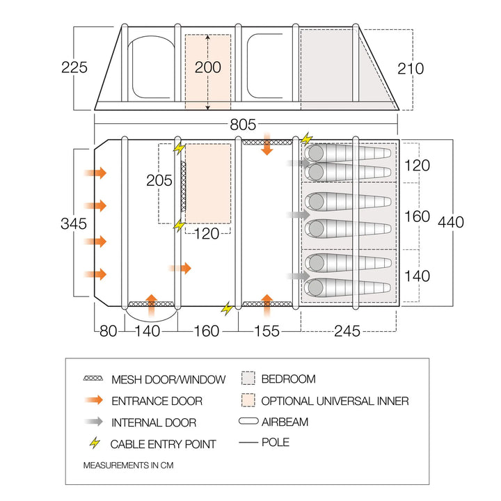 Technical floorplan of the Vango Anantara IV Air 650XL premium tent, displaying dimensions, sleeping areas, and entrance points.