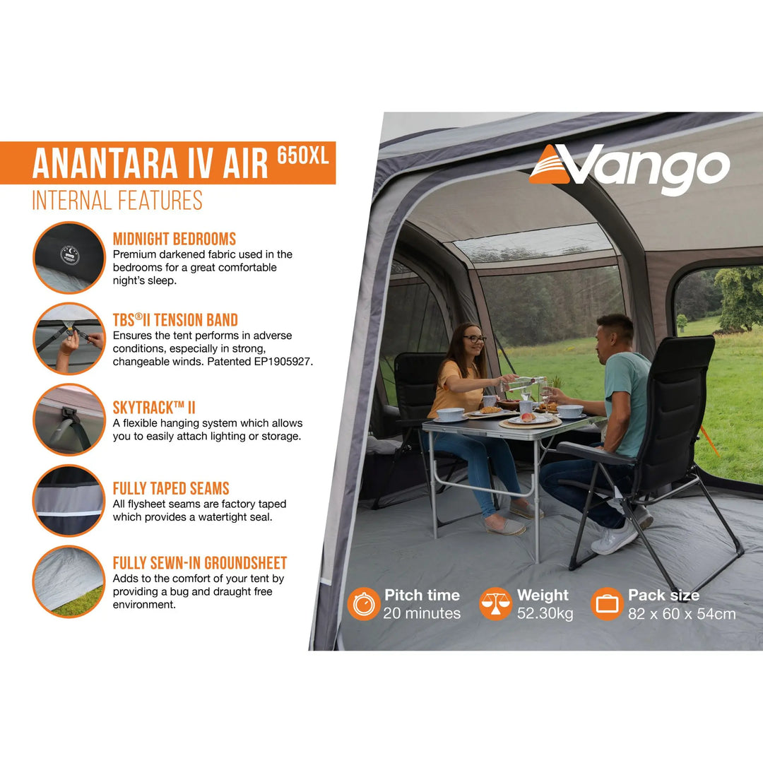 Internal features of the Vango Anantara IV Air 650XL family tent, highlighting Midnight Bedrooms, a tension band system, and a fully sewn-in groundsheet for a comfortable camping experience.