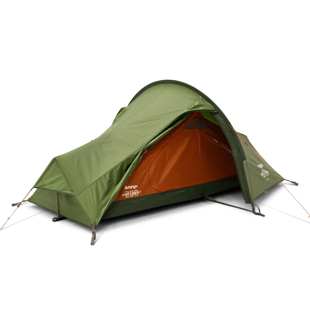 Vango Apex Compact 200 Tent with the inner tent closed, highlighting its aerodynamic design for backpacking and trekking, with a lightweight and compact structure.