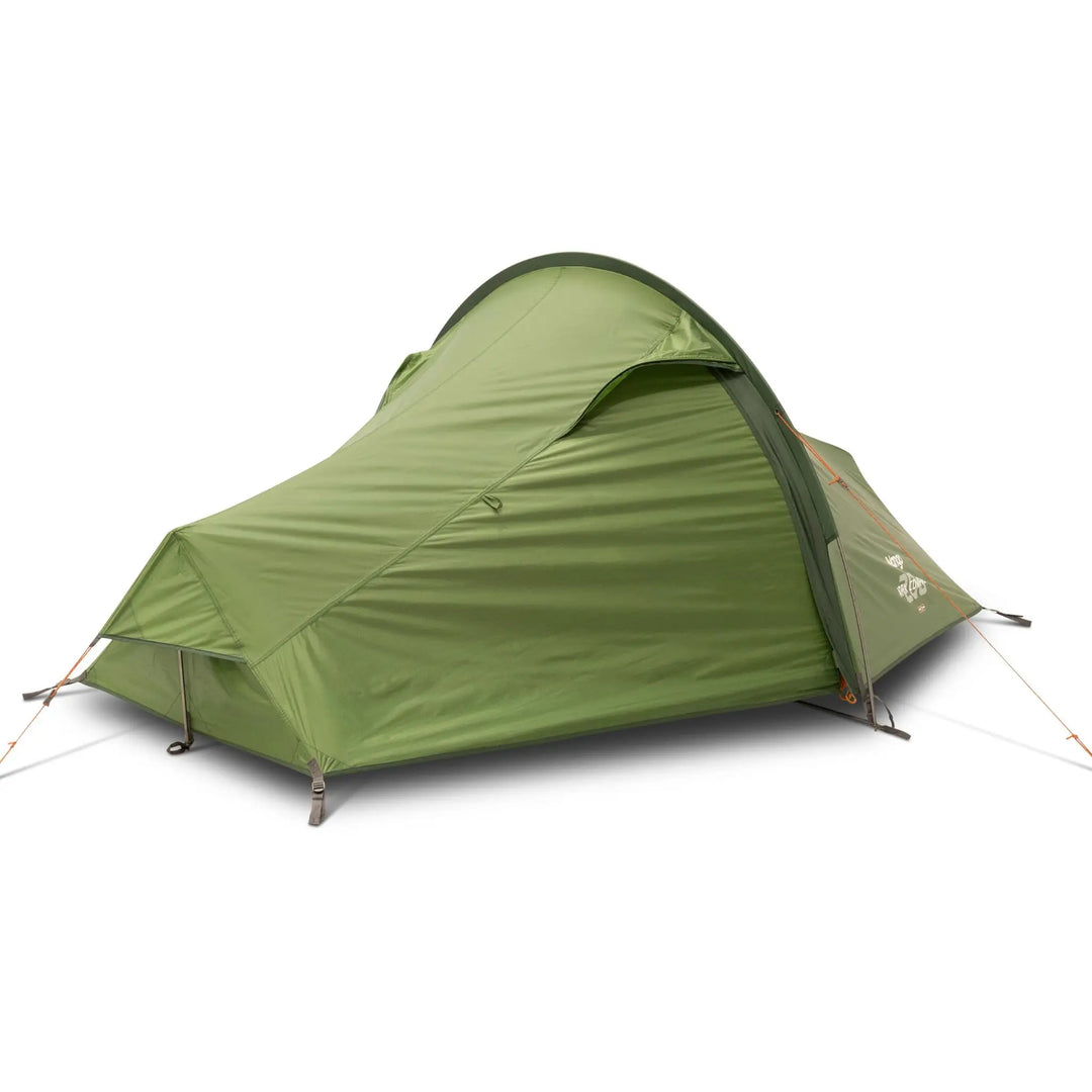 Side view of the Vango Apex Compact 200 Tent with door closed, emphasizing its compact and lightweight build for 2-person use during trekking and backpacking adventures.