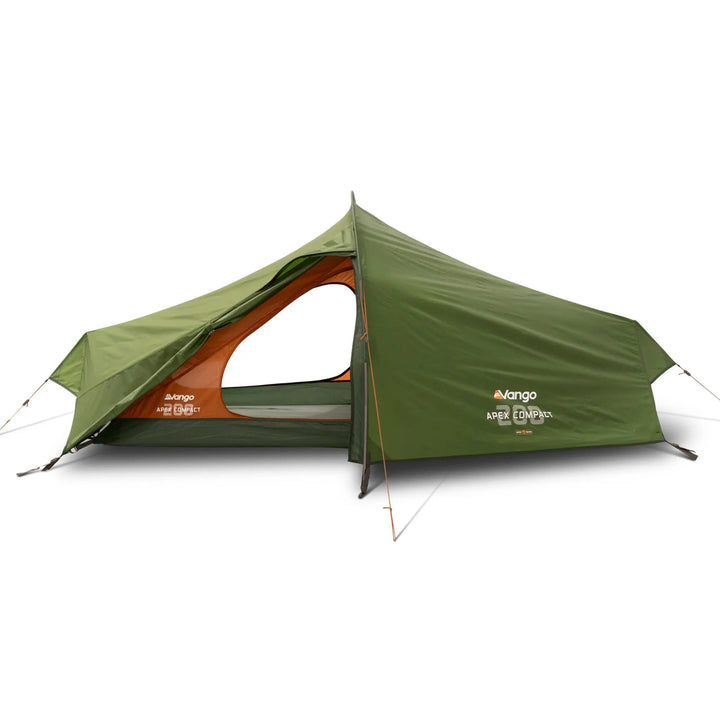 Fully pitched Vango Apex Compact 200 Tent with door open, suitable for 2 people, highlighting its small pack size and efficient setup for backpacking and trekking.