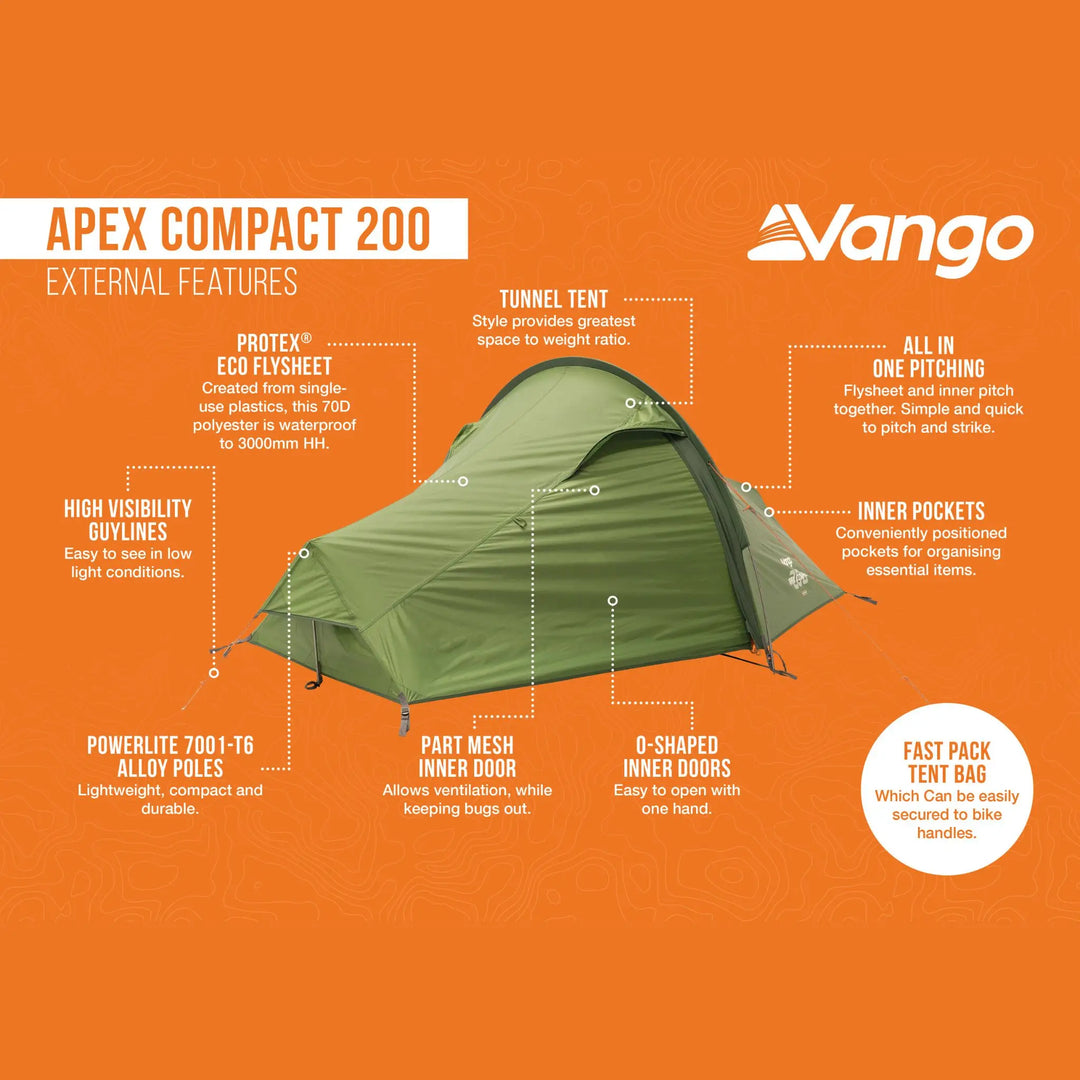 Infographic highlighting the external features of the Vango Apex Compact 200 Tent, including lightweight construction, trekking suitability, and compact pack size.