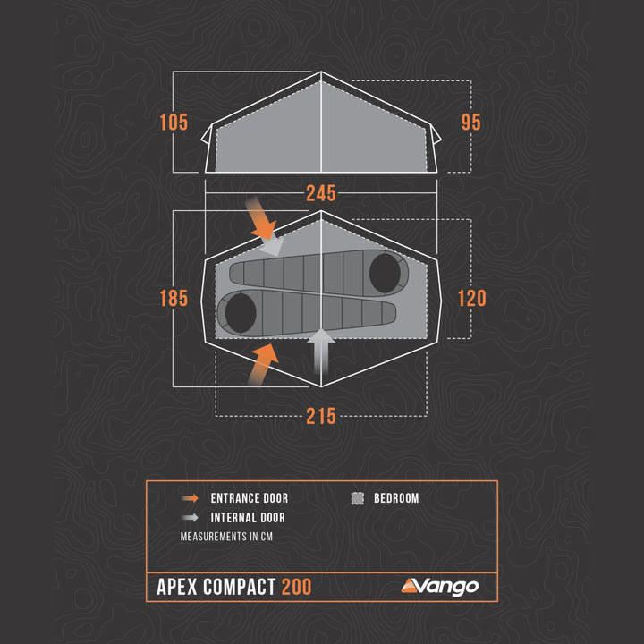 Floorplan of the Vango Apex Compact 200 Tent, showing the 2 man capacity and dimensions ideal for backpacking.