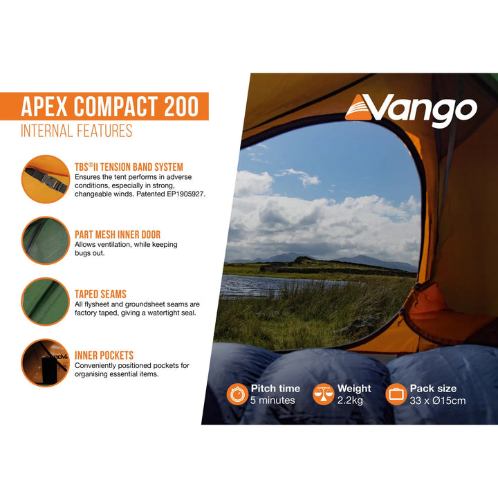 Infographic highlighting the internal features of the Vango Apex Compact 200 Tent, such as lightweight design, compact pack size, and trekking suitability.