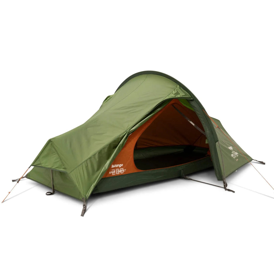 Vango Apex Compact 200 Tent with door open, showcasing the interior space for 2 people, ideal for backpacking and trekking, featuring a compact and lightweight design with a small pack size.