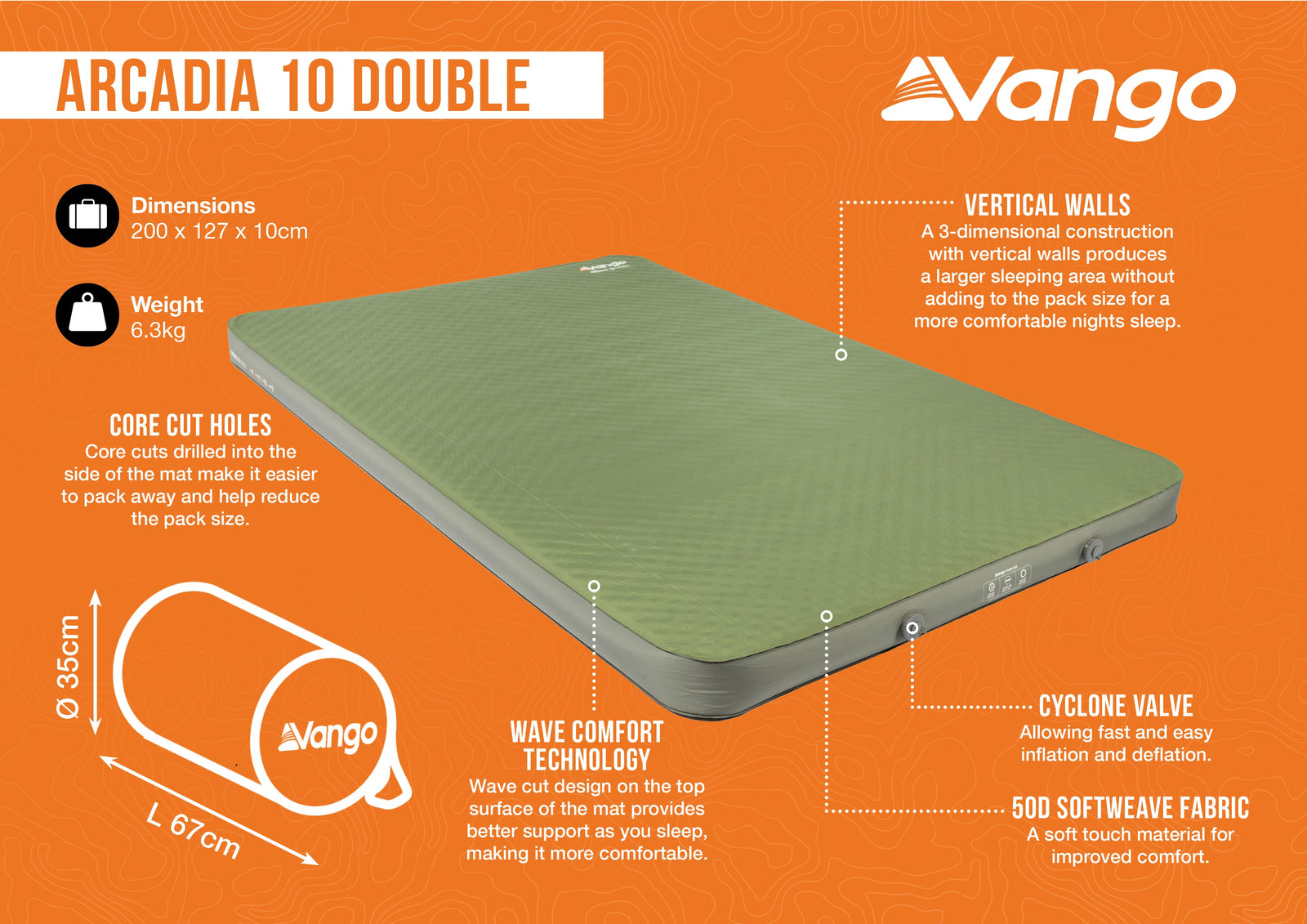 Infographic showcasing key features of the Vango Arcadia 10cm double self-inflating mat, including Cyclone Valve and soft-touch fabric.