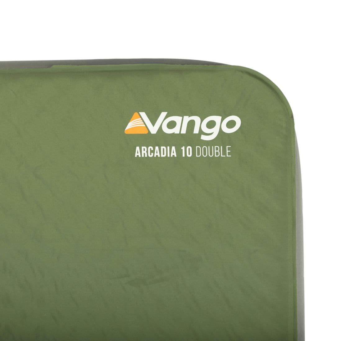 Close-up of the Vango Arcadia 10 Double camping mat logo printed on the corner of the mat.