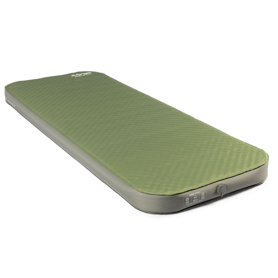 Vango Arcadia 10cm Grande Self-Inflating Mat Perspective View: A green single SIM camping mat showcasing its 10cm thickness and smooth surface, ideal for outdoor adventures and camping.