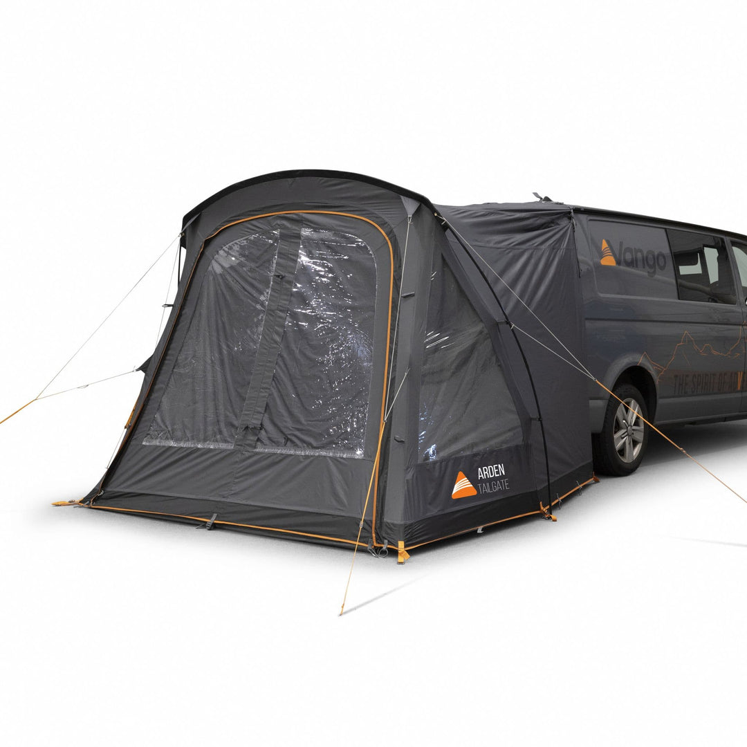 Side view of the Vango Arden Tailgate Awning attached to a campervan, showcasing its sleek design and fit.