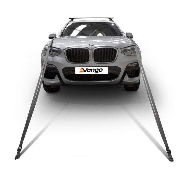 Roof straps of the Vango Arden Tailgate Awning connected to a vehicle, ensuring stability during use.