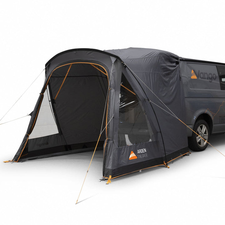 Front view of the Vango Arden Tailgate Awning with the door open, providing a look into the spacious interior.