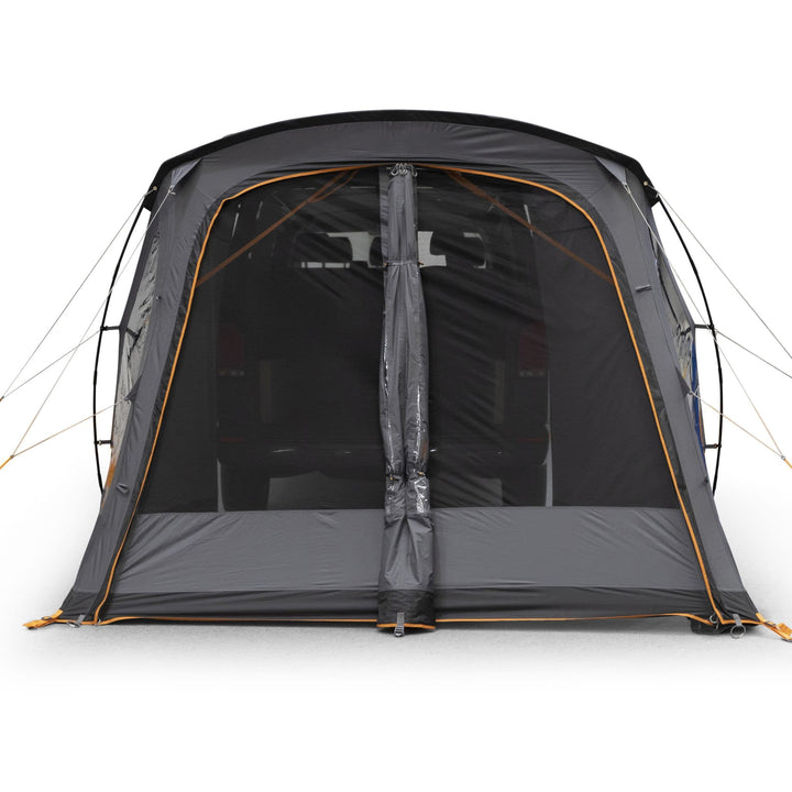 Detailed side view of the Vango Arden Tailgate Awning with mesh panel visible, providing light and ventilation options.