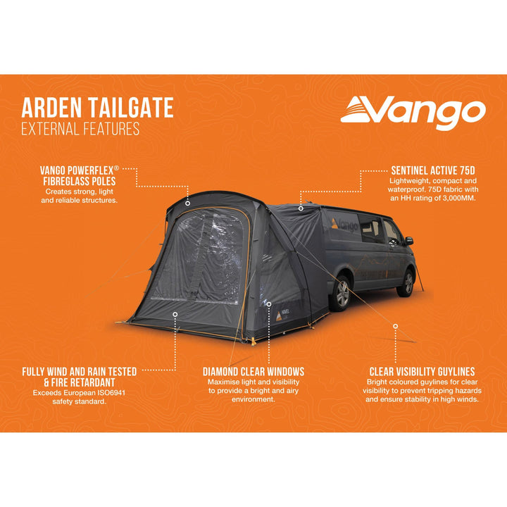 Informational graphic of the Vango Arden Tailgate Awning, outlining its external features like fiberglass poles and clear windows.