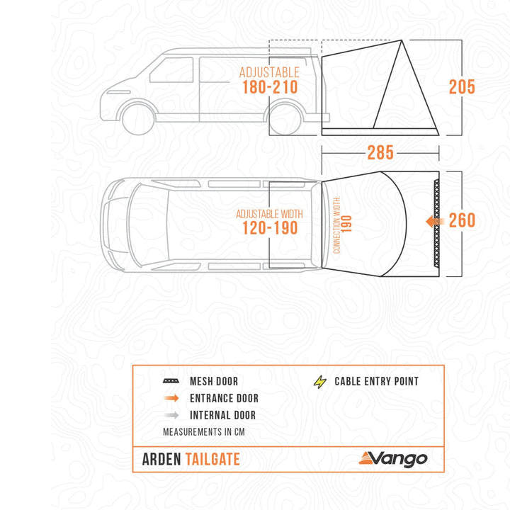 Floorplan of the Vango Arden Tailgate Awning, providing detailed measurements for the awning and connection width.