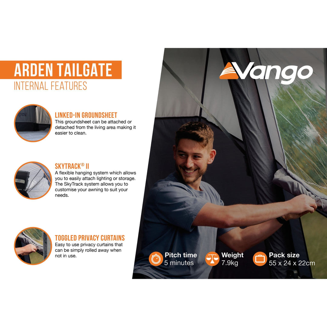 Informational graphic of the Vango Arden Tailgate Awning, describing internal features such as toggled privacy curtains and SkyTrack II.