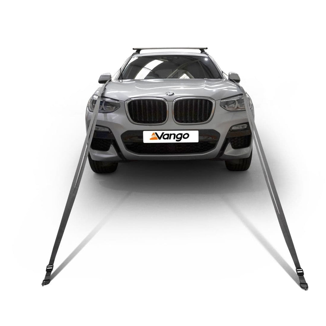 Front view of a BMW car with tension straps for the Vango Arden Tailgate Awning, showcasing compatibility with tailgate vehicles.