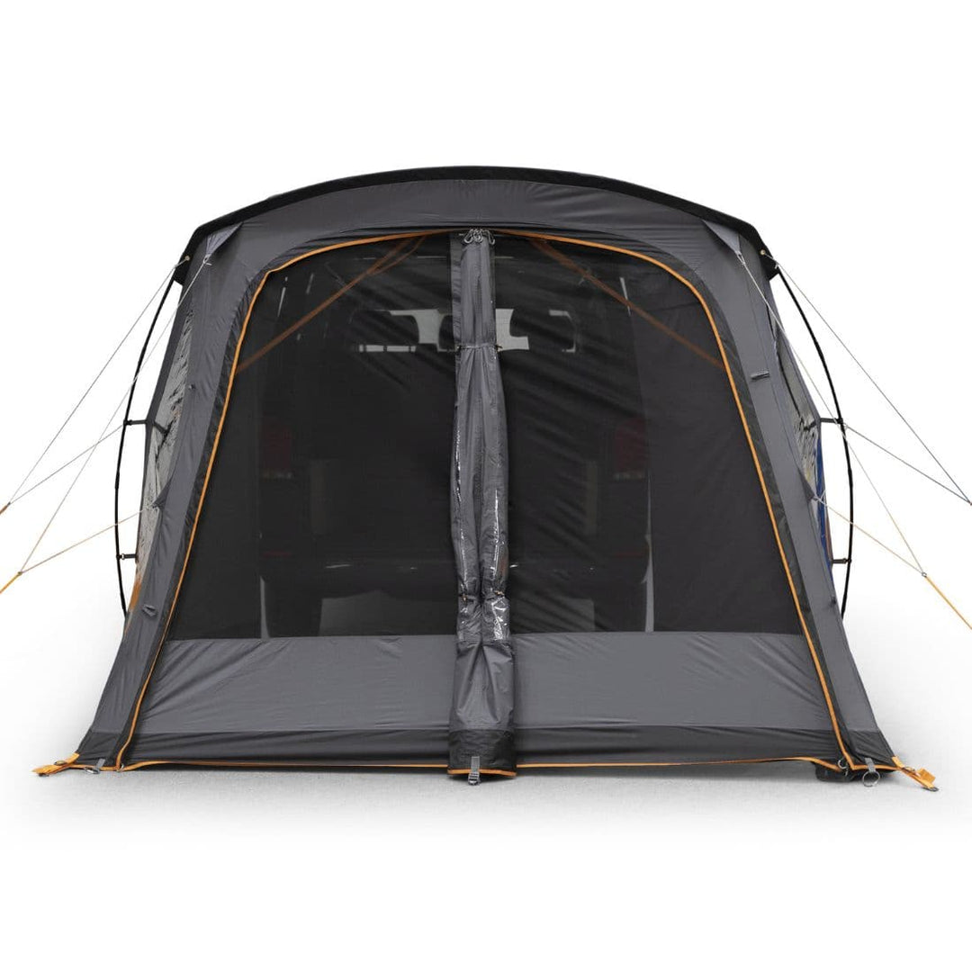 Front view of the Vango Arden Tailgate Awning with closed mesh and fabric panels, attached to a vehicle, highlighting its ventilation options.