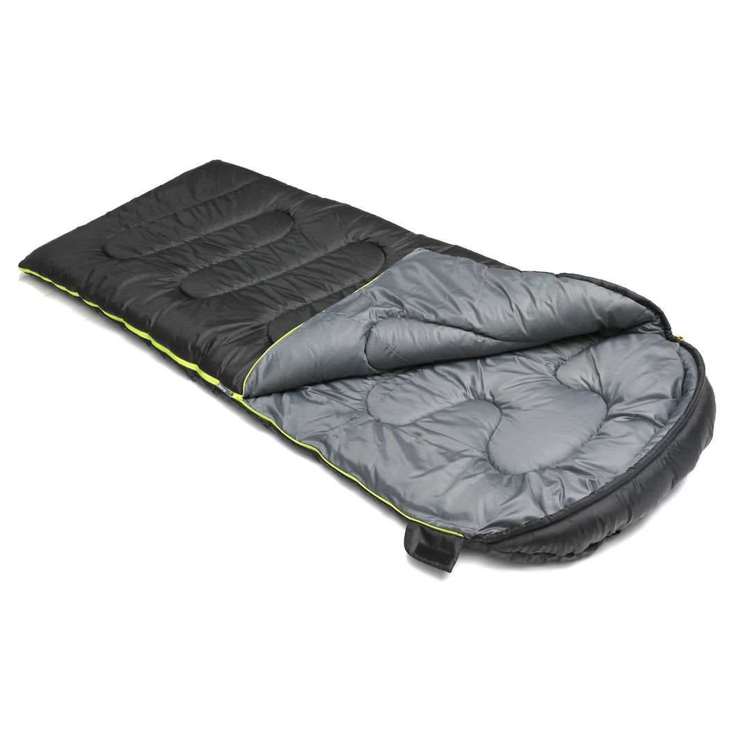 Side view of the Vango Atlas 350 Quad large sleeping bag with the zip open, revealing the inner lining.