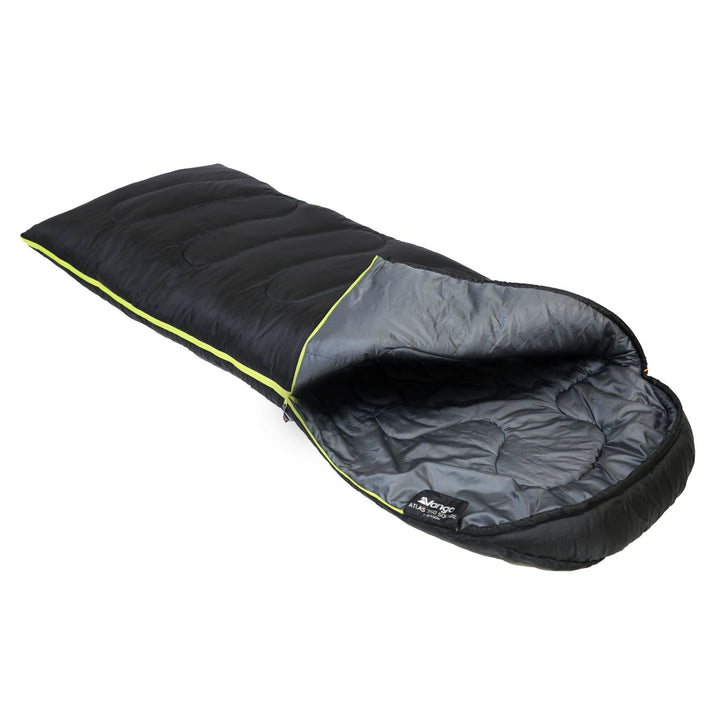 Side view of the Vango Atlas 350 Quad large sleeping bag, highlighting its sleek black design and spacious interior.