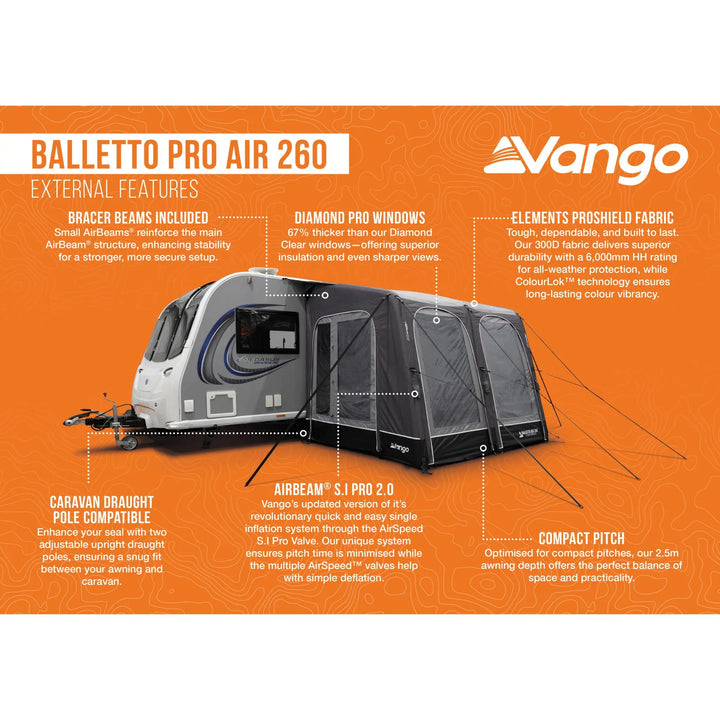 Vango Balletto Pro Air 260 Caravan Awning external features infographic