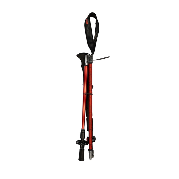 The Vango Basho Folding Walking Pole fully folded for compact storage, ideal for camping, trekking, or hiking trips.