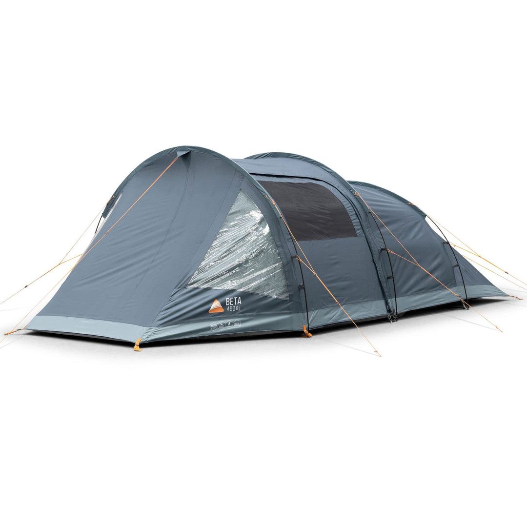 Vango Beta 450XL tent showing front and side views with windows for ventilation and light