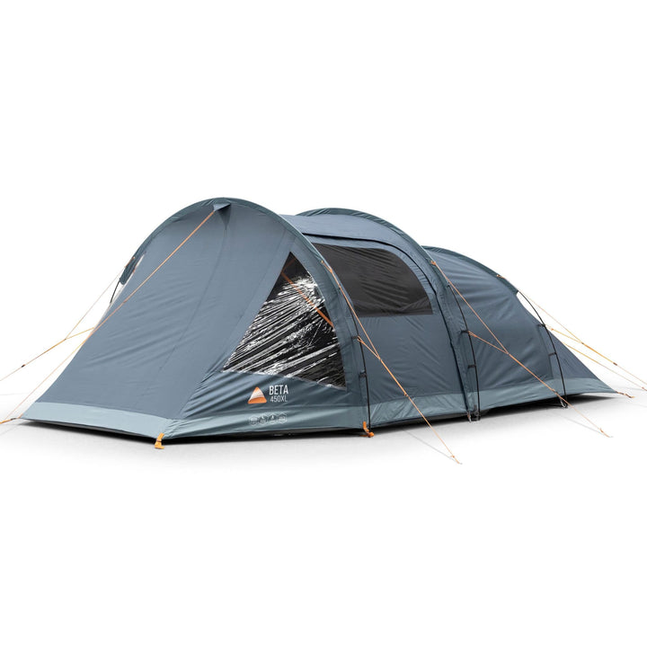 Vango Beta 450XL tunnel tent with side access and orange guy lines for stability.