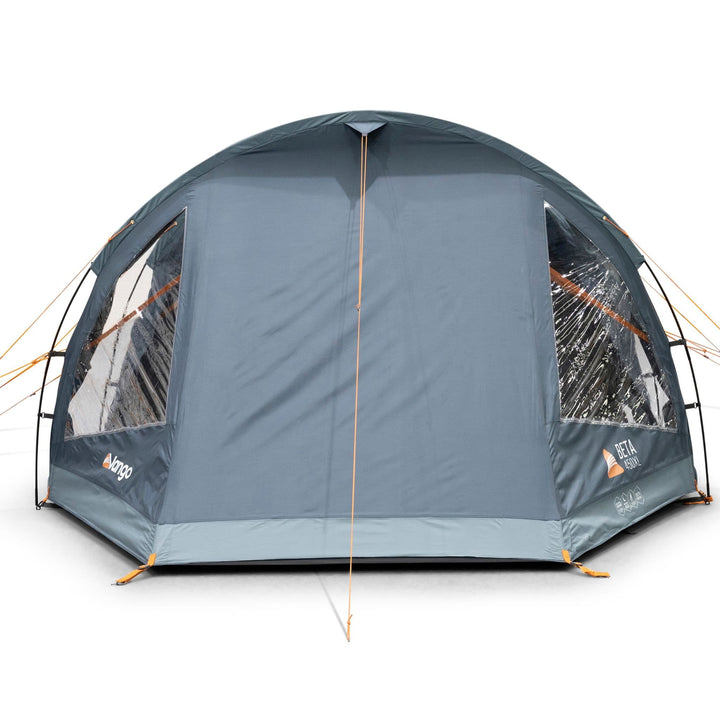 Front view of the Vango Beta 450XL tent, showcasing its windows door and sturdy frame.