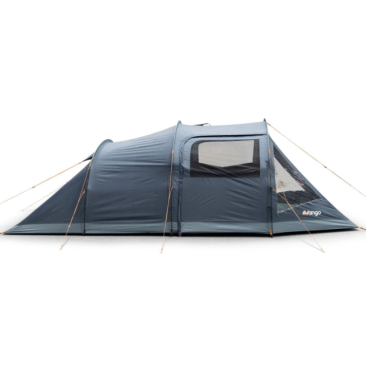 Close-up of Vango Beta 450XL tent showing side windows, entrance, and durable blue fabric.