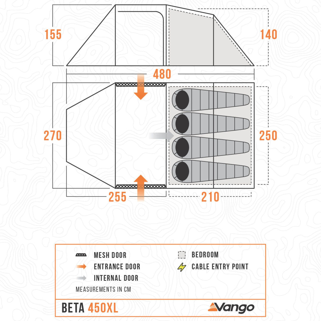 Vango Beta 450XL tent floorplan with detailed measurements, bedroom space, and entry points