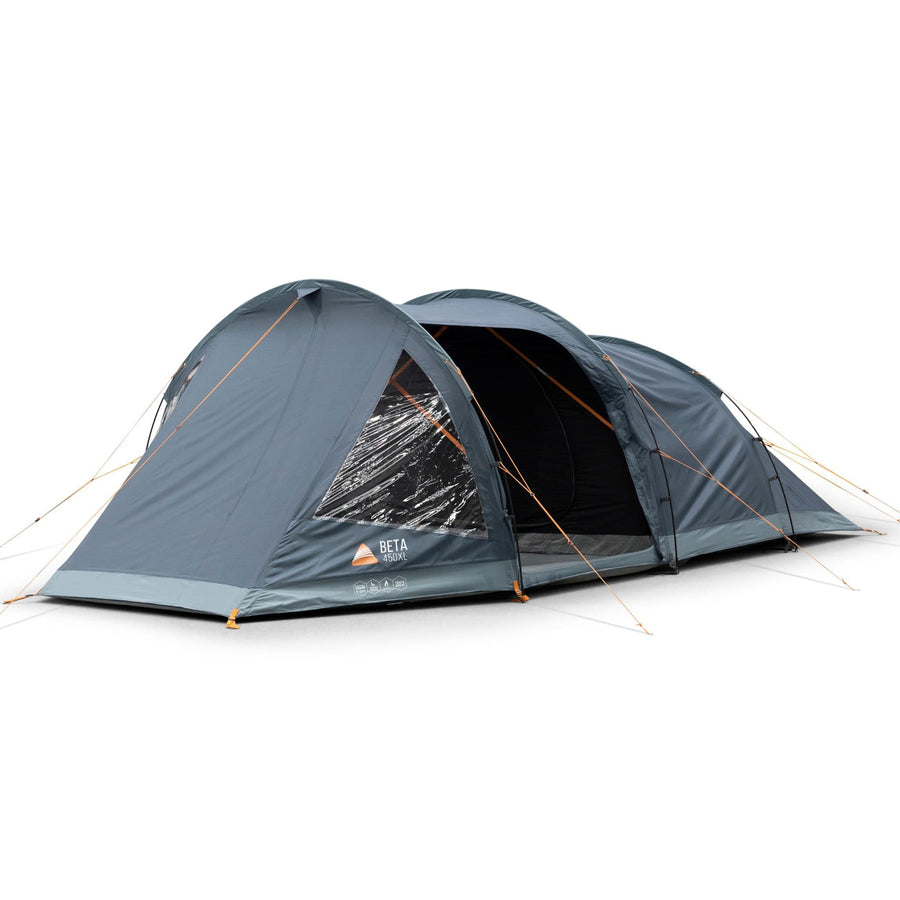 Vango Beta 450XL Tent in blue, showcasing its tunnel design with spacious interior, ideal for festival or group camping trips.