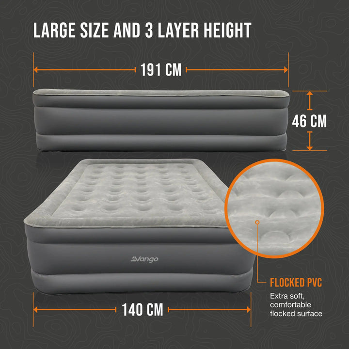 Vango Blissful Double Airbed dimensions: 191 cm length, 140 cm width, and 46 cm height with a soft flocked PVC surface.