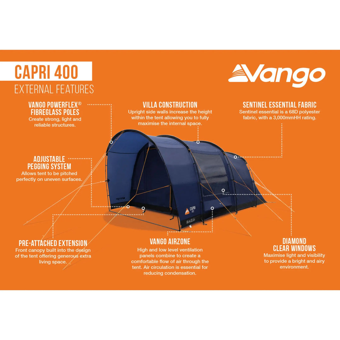 Vango Capri 400 tent with external features listed on an orange background