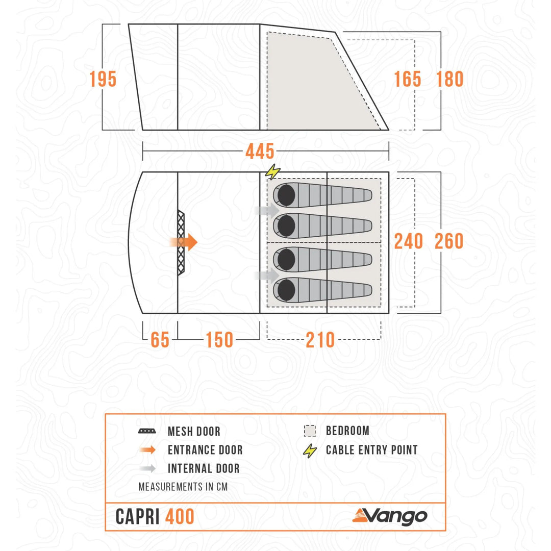 Technical diagram of a Vango Capri 400 tent with measurements and features.