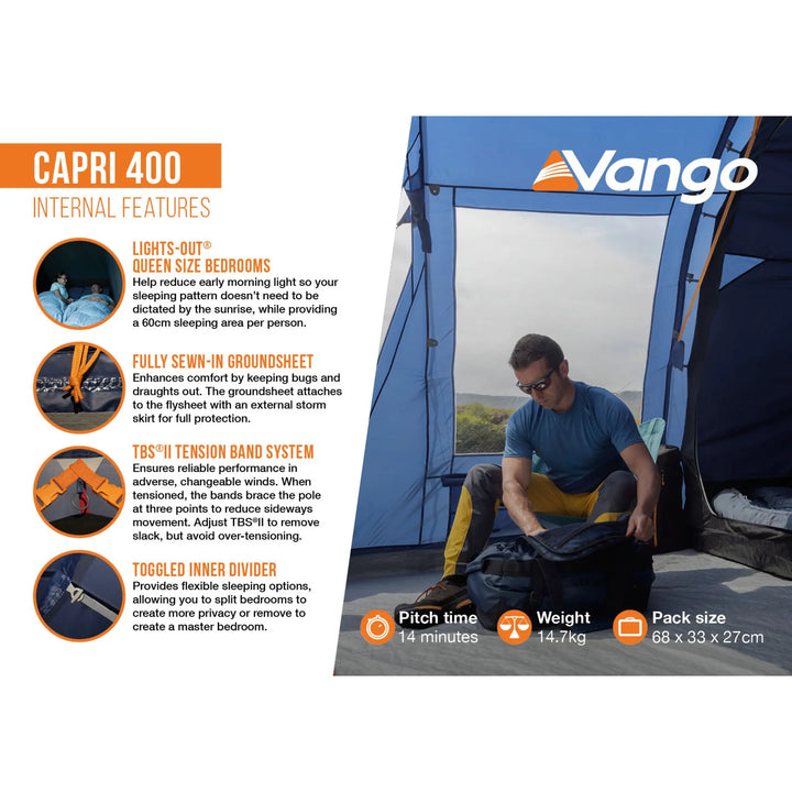 Vango Capri 400 tent with Internal features listed on the left and a person setting up the tent on the right.