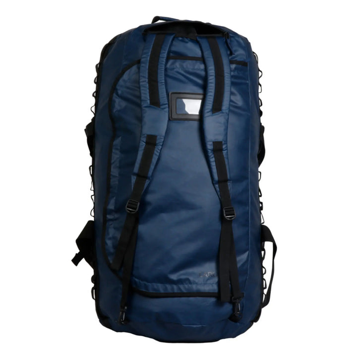 Top view of the Vango Cargo 120L travel bag logo in Moonlight Ocean, showing the bag's shoulder straps for rucksack use.