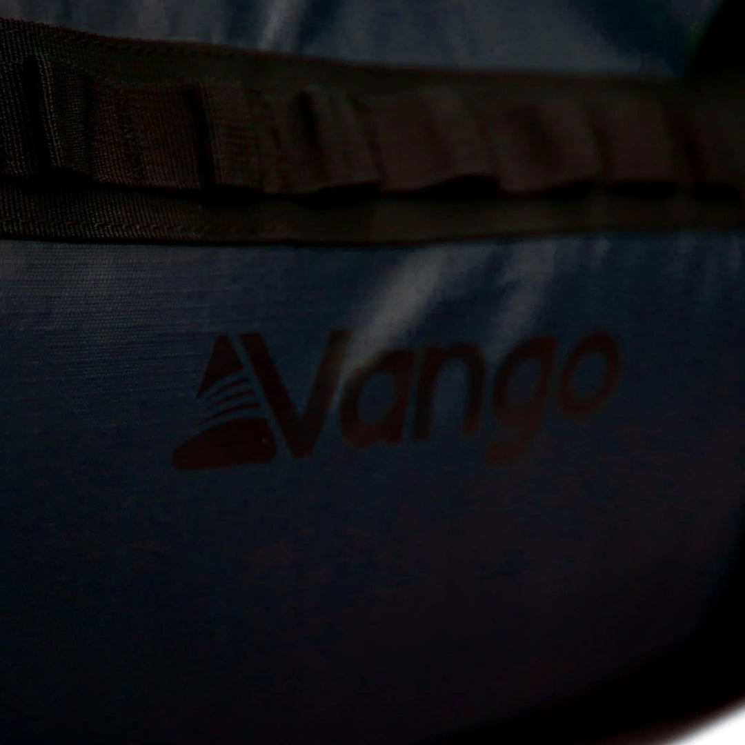 Close-up of the Vango Cargo 120L travel bag logo in Moonlight Ocean, demonstrating the bag's premium branding.