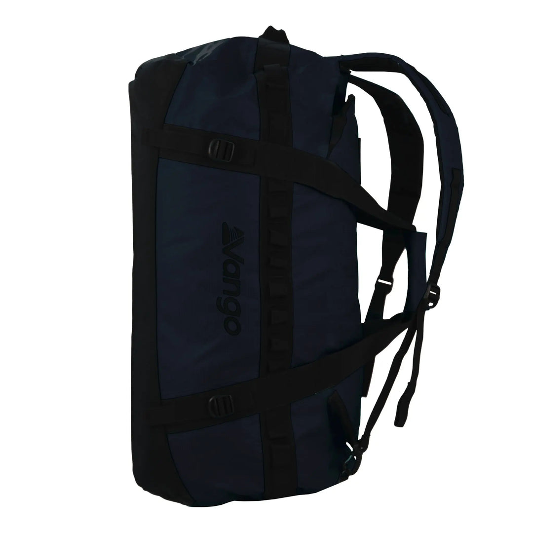 Angled view of the Vango Cargo 120L travel bag in Moonlight Ocean, displaying its compact yet spacious design for travel.