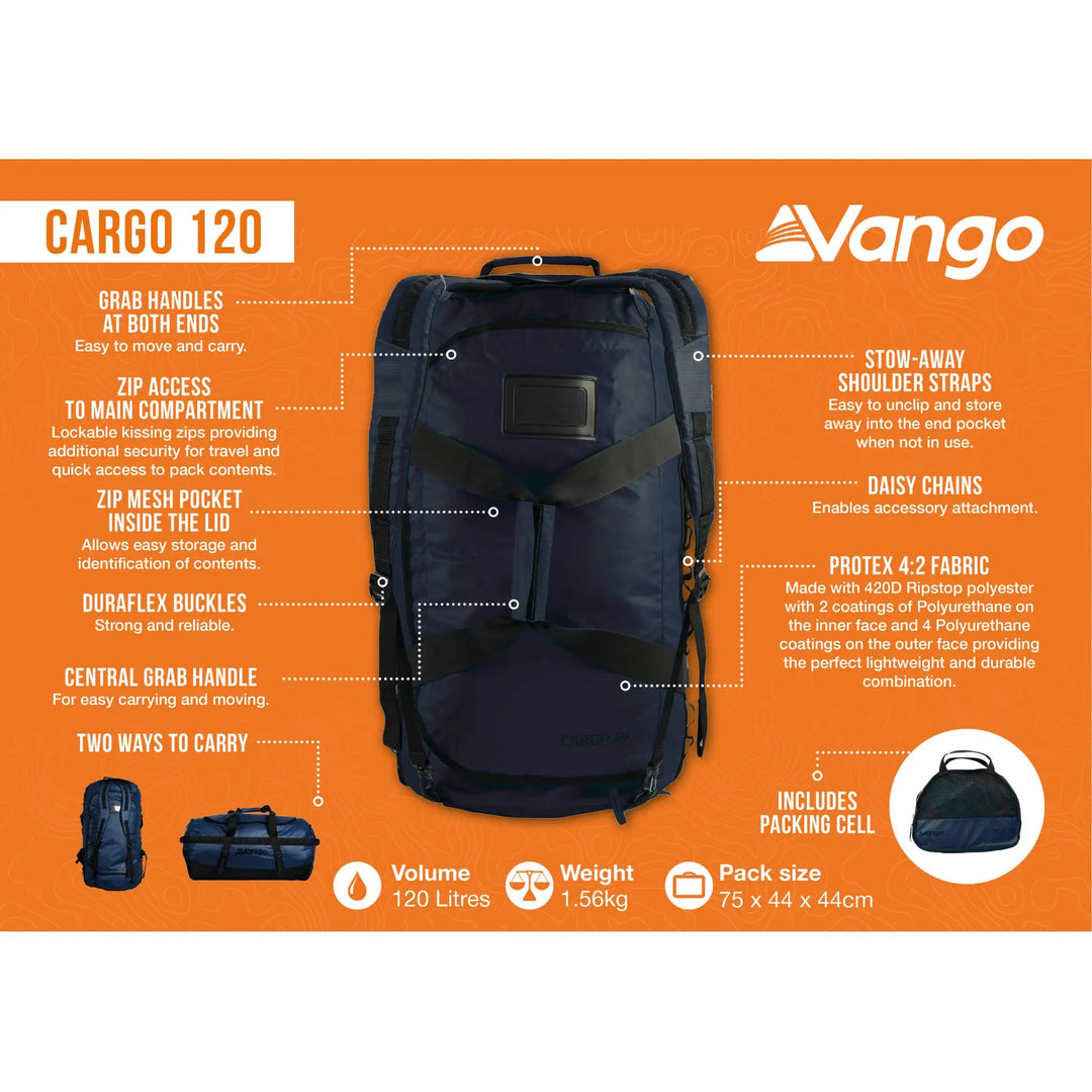 Vango Cargo 120 travel bag features infographic in Moonlight Ocean colour, showcasing secure zip access, daisy chains, and included packing cell.