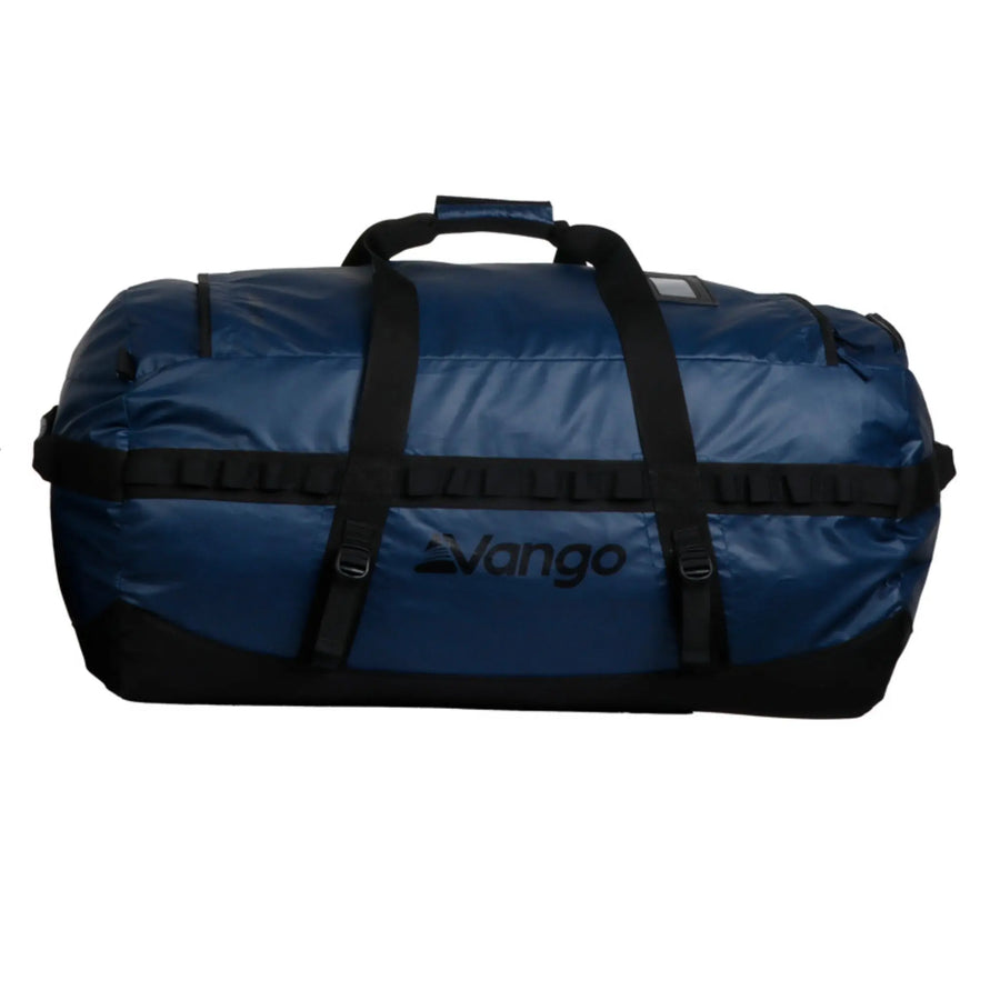 Front view of the Vango Cargo 120L travel bag in Moonlight Ocean, featuring durable straps and ample storage for travel essentials.