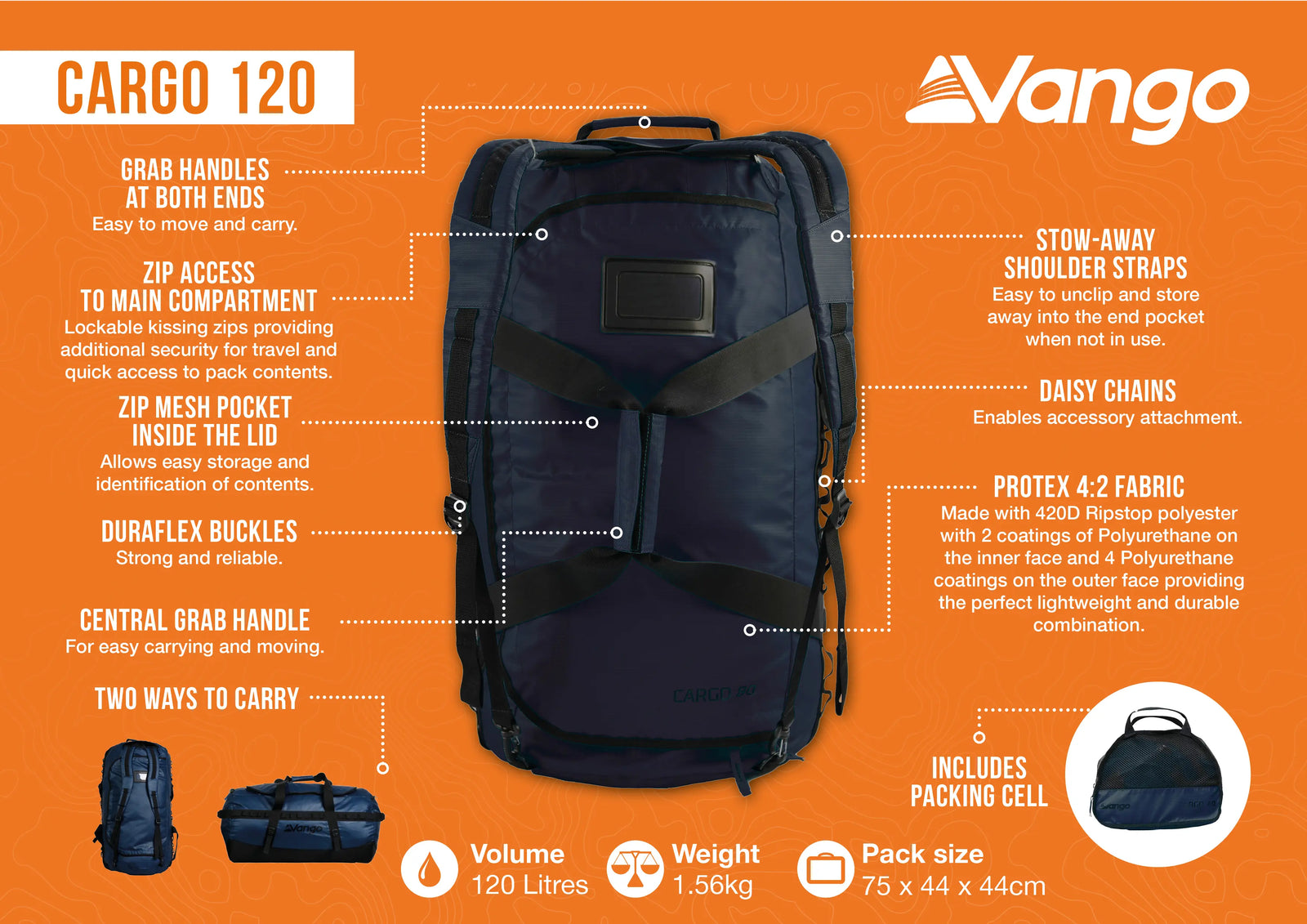 Vango Cargo 120 travel bag infographic detailing features like 120L capacity, grab handles, stow-away shoulder straps, and Protex 4:2 fabric for durability and convenience.