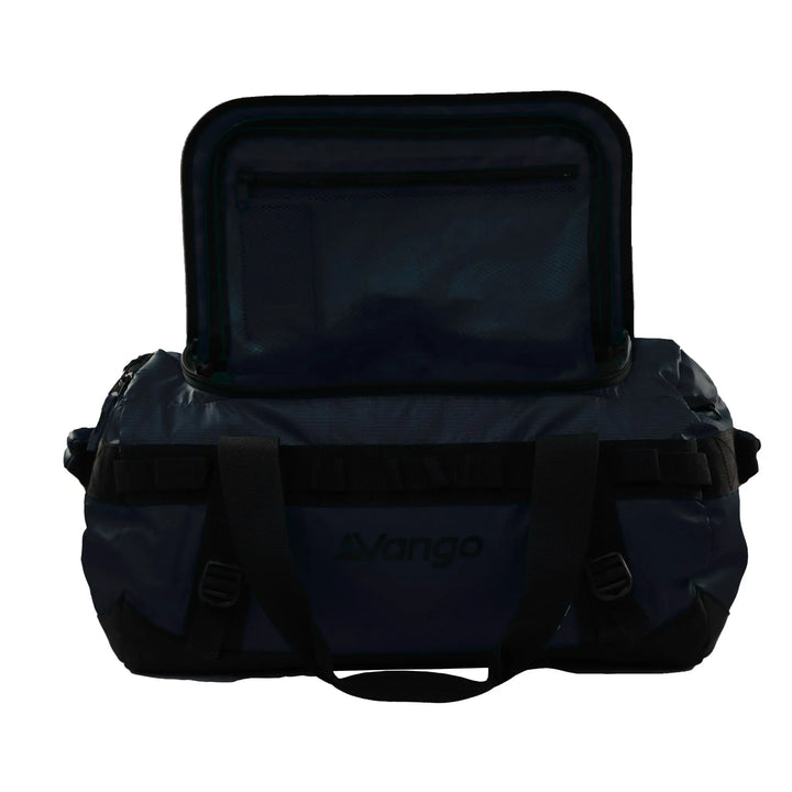 Open view of the Vango Cargo 80L travel bag in Moonlight Ocean, displaying the spacious main compartment and zippered inner mesh pocket.