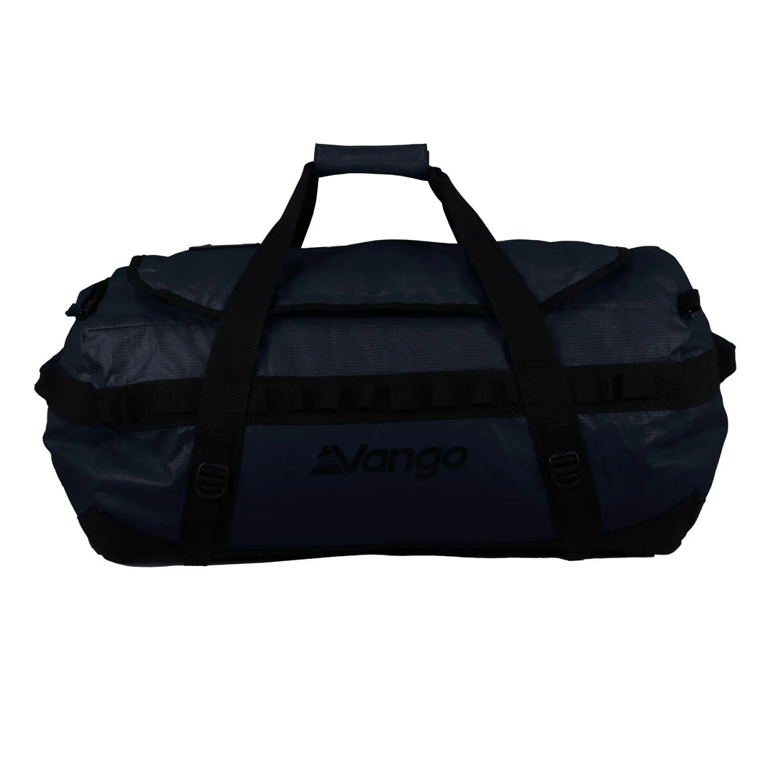 Front view of the Vango Cargo 80L travel bag in Moonlight Ocean, featuring the Vango logo and reinforced handles.