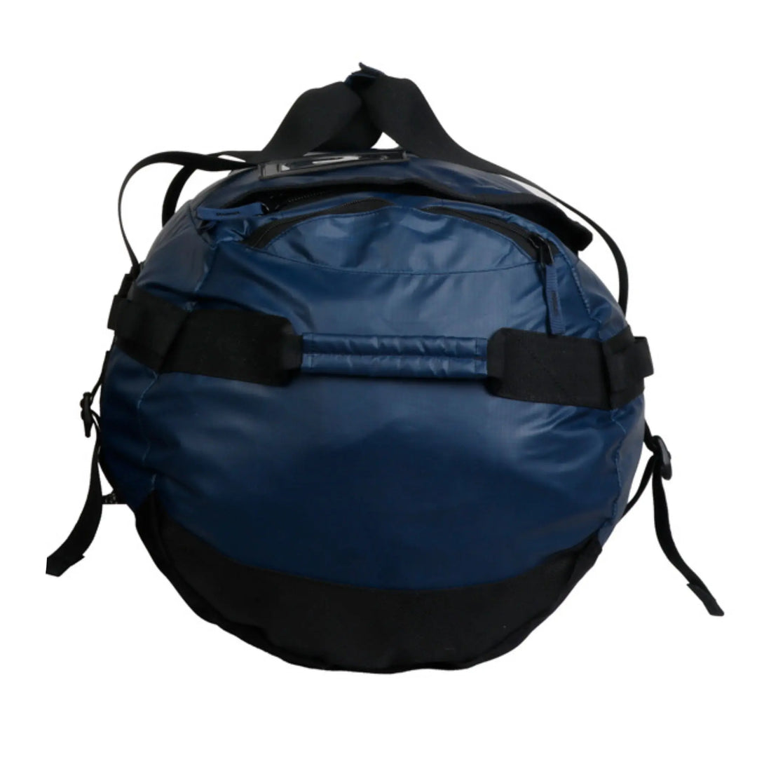 Side view of the Vango Cargo 80 travel bag in Moonlit Ocean, highlighting adjustable straps and durable construction for travel purposes.