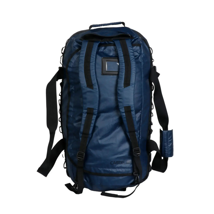 Rear view of the Vango Cargo 80 travel bag in Moonlit Ocean, showcasing stow-away shoulder straps for versatile carrying options.