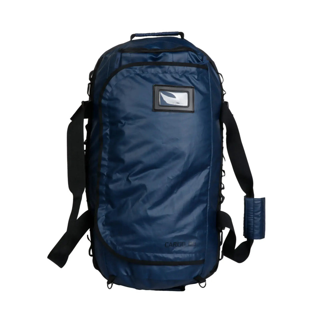 Top view of the Vango Cargo 80L travel bag in Moonlit Ocean, showing its id sleeve and reinforced handles for heavy loads and secure transportation.